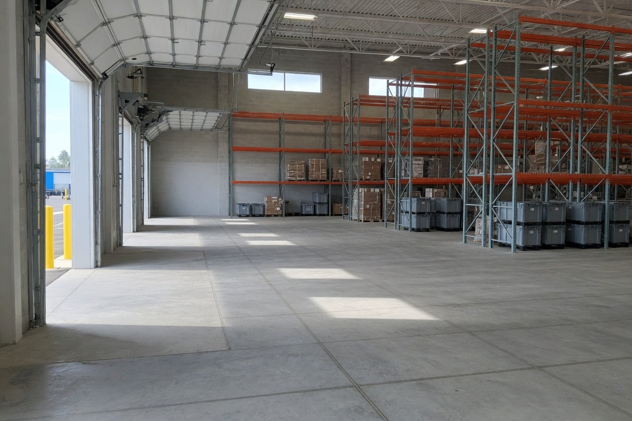 A warehouse floor at night under a single sodium light